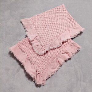 Pair Shabby Chic Waffle 100% Cotton and Garment Washed Pink Shams with Ruffle